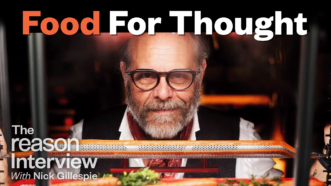 Alton Brown in front of a food counter with the words "Food for Thought" in orange and white across the top of the image and The Reason Interview logo in the left lower corner | Illustration: Shayan Asgharnia / Alton Brown Live / Adani Samat