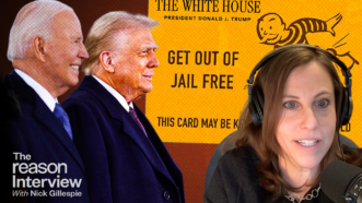 Rachel Barkow on the right, Biden and Trump on the left, The Reason Interview logo in the right lower corner, and a get-out-of-jail-free card in the background | Illustration: Adani Samat