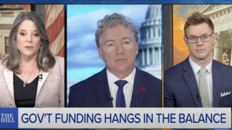 A screenshot from The Hill's 'Rising' show with Sen. Rand Paul in the middle panel | Screenshot via YouTube