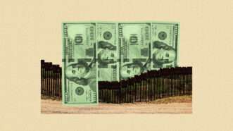 U.S. 0 bills stacked vertically, intersecting with a U.S.–Mexico border wall. | Illustration: Lex Villena; Linda Johnsonbaugh | Dreamstime.com