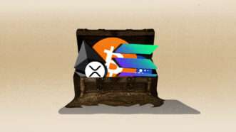 Cryptocurrency logos in a treasure chest | Illustration: Lex Villena; Alexandr Kornienko