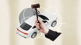 A judge brings down a gavel over a sedan | Illustration: Lex Villena; Michael Flippo | Dreamstime.com