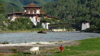 A boy and a cow walk along a river in front of the Punakha Dzong Monastery, Bhutan. | Sergi Reboredo/Sipa USA/Newscom