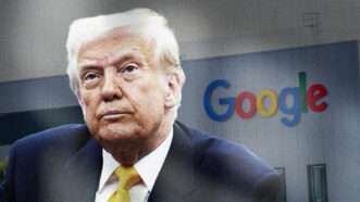 Donald Trump in front of a Google logo | Illustration: Lex Villena; Chris Kleponis - CNP/CNP / Polaris/Newscom, Venema Media