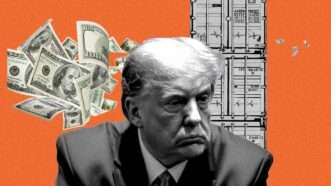 On an orange background, Trump's head and shoulders in black and white, with 0 bills over one shoulder and a stack of shipping containers over the other. | lllustration: Eddie Marshall | Maksym Velishchuk | Dreamstime.com | Midjourney