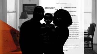 A shadowed man and woman hold a baby in the foreground. A black and white picture of the inside of a home overlaid with court docs and an orange filter in the background | lllustration: Eddie Marshall | Midjourney | Grok