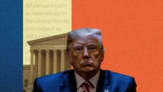 Blue tint on the left, a picture of the Supreme Court building with faint lettering tinted yellow in the middle, and orange tint on the right with a picture of Donald Trump across it all | lllustration: Eddie Marshall | Midjourney