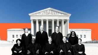 A blue and orange background, an outline of the Supreme Court building, and a black and white photo of the Supreme Court justices in the foreground | Illustration: Eddie Marshall | Fred Schilling | Collection of the Supreme Court of the United States | Adam Parent | Dreamstime.com | Midjourney