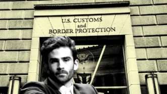 A black and white image of Twitch streamer Hasan Piker in front of a yellow tinted U.S. Customs and Border Protection building | Illustration: Eddie Marshall | Mo1567 | Wikimedia Commons William Perry | Dreamstime.com