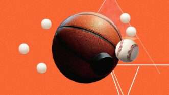 An orange background, with bouncing pingpong balls plus a basketball, hockey puck, and a baseball. | Illustration: Eddie Marshall | Andrew Leyden | Aldo Di Bari Murga | Winterling | Dreamstime.com | Grok | Midjourney