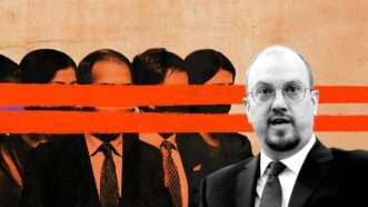 Illustration of Mark Meador standing in front of orange-tinted shadowy figures of people with a red censor bar through their faces, all against an orange background | Illustration: Eddie Marshall | Michael Brochstein | Sipa USA | Newscom | Midjourney
