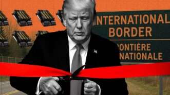 Illustration of Trump cutting a red ribbon with Nvidia H100 graphical processing units and a border sign behind him | Illustration: Eddie Marshall | Nvidia | ChatGPT