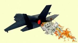 Illustration of an F-35 burning through money | lllustration: Eddie Marshall | Robyn Mackenzie | Pavel Chagochkin | Dmitriiavramchik | Dreamstime.com