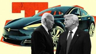 Former President Joe Biden and President Donald Trump against the backdrop of a Tesla. | lllustration: Eddie Marshall | Jim LoScalzo - Pool via CNP | CNP |Polaris | Abaca Press | Vandeville Eric | Abaca | Sipa USA | Newscom | Midjourney