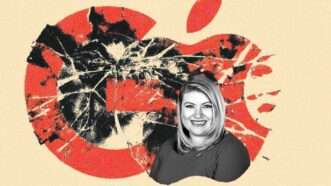 Illustration of Kat Cammack in front of shattered Google and Apple logos |  lllustration: Eddie Marshall | Midjourney
