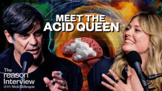 Nick Gillespie (left) and Susannah Cahalan (right) speak into microphones against a psychedelic-style background featuring swirling colors and a glowing human brain with a pixelated LSD tab at its center. Bold white text at the top reads: “MEET THE ACID QUEEN.” | Illustration: Eddie Marshall