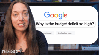 A photo of Romina Boccia against a screenshot of a Google search with the words "Why is the budget deficit so high?" in the search bar | Illustration: Adani Samat