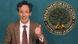 Andrew Heaton points to the shattered Department of Education seal | Reason TV