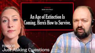 A dark red and black background, a screenshot of a headline, a photo of Liz Wolfe on the left, a photo of Ross Douthat on the right, and the Just Asking Questions logo in the bottom left corner | Graphic by John Osterhoudt