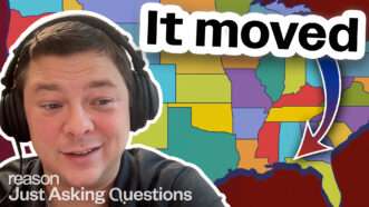 A photo of Gary Winslett on the left, a colorful map of the United States with arrows pointing to the South in the background, the words "It Moved" in the upper right corner, and the Just Asking Questions logo in the lower left corner | Graphic by John Osterhoudt