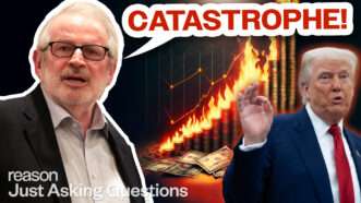 A photo of David Stockman on the left, Trump on the right, fire and a stock graph in the background, the word "Catstrophe!" in red in the upper right corner, and the Just Asking Questions logo in the lower left corner | Graphic by John Osterhoudt; Photos: Chris Kleponis - Pool via CNP/CNP / Polaris/Newscom; Gage Skidmore/creative commons/Flickr