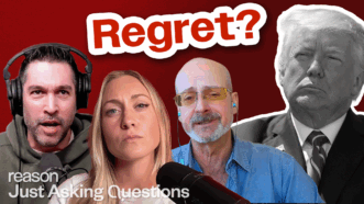 Dave Smith, J.D. Tuccille, and Liz Wolfe on a red background with an image of Trump and the word "Regret?" | Illustration: John Osterhoudt, dani Samat