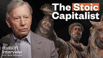 A photo of Robert Rosenkranz on the left, metal statues of a horse and rider and a pillar with a dollar sign against a black background on the right, the words "The Stoic Capitalist" in white and orange in the top right corner, and The Reason Interview logo in the bottom left corner | Illustration: Adani Samat