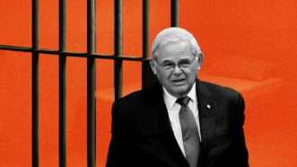 Bob Menendez, the disgraced former senator from New Jersey, is seen in front of prison bars | Illustration: Eddie Marshall | Andrea Renault/ZUMAPRESS/Newscom | ChatGPT 