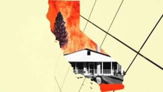 A suburban home and a wildfire, contained within the outline of the state of California. | Illustration: Eddie Marshall | Ev | Unsplash | Midjourney