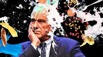 An illustration of Robert Kennedy Jr. being sprayed with fruit | Illustration: Joanna Andreasson; Source image: Gage Skidmore