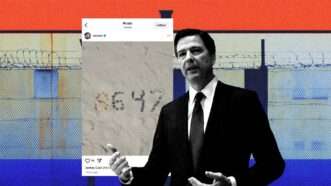 Former FBI Director James Comey is seen next to his Instagram post that reads "86 47" | Illustration: Eddie Marshall | SMG | ZUMA Press | Newscom | Midjourney