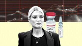 Attorney General Pam Bondi alongside a bottle of fentanyl. | lllustration: Eddie Marshall | Sherry Young | Dreamstime.com | Sipa USA | Newscom | Midjourney | Grok