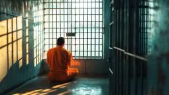 An AI-generated image of a prison inmate in an orange jumpsuit, sitting in a dark prison cell, facing a barred window. | Ihor Lukianenko | Dreamstime.com