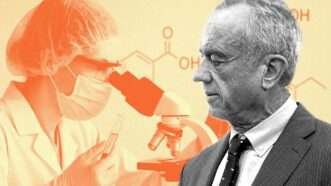 Department of Health and Human Services Secretary Robert F. Kennedy Jr., and a scientist in a surgical mask looking into a microscope. | Illustration: Eddie Marshall | Yuri Gripas | Pool via CNP | ZUMAPRESS | Newscom | ChatGPT