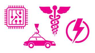 An illustration of a computer chip, a car, and a lightning bolt | Illustrations: iStock