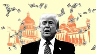 President Donald Trump is seen in front of the U.S. Capitol as money swirls around him | lllustration: Eddie Marshall | Richardmodhamma | Sergey Rusakov | Maksym Velishchuk | Dreamstime.com | Samuel Corum | Pool via CNP |picture alliance | Consolidated News