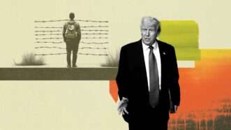 President Donald Trump is seen in front of an immigrant and barbed wire | Illustration: Eddie Marshall | Jaroslaw Baczewski | Dreamstime | Tom Williams | CQ Roll Call | Newscom | Midjourney