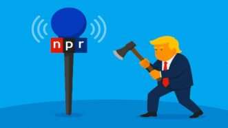 Animated image of Donald Trump taking an ax to an NPR microphone | Pixabay/OpenAI