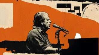 Brian Wilson sits at a piano and sings into a microphone against an orange background |  Eddie Marshall | Fabio Diena | Dreamstime.com | ChatGPT