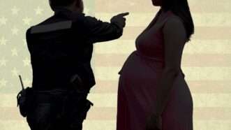 An American flag in the background with two shadowy figures of a law enforcement agent and a pregnant person | Illustration: Eddie Marshall | Sornwut Tubtawee | Dreamstime.com | ChatGPT