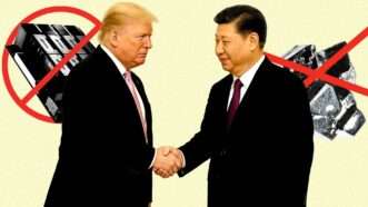 Illustration of Donald Trump and Xi Jinping shaking hands with advanced semiconductors crossed out behind Trump and gallium crossed out behind Xi | Illustration: Eddie Marshall | Bjrn Wylezich | Dreamstime.com | ChatGPT | Nvidia