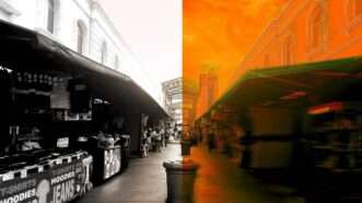 Santee Alley in black and white, and in orange color | Nancy Rommelmann; Illustration: Eddie Marshall