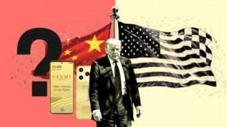Illustration of Donald trump standing in front of Trump Mobile's T1 Phone, a question mark, the Chinese flag, and the American flag | Illustration: Eddie Marshall | IMAGO | Michael Kappeler | Pool | dts Nachrichtenagentur | IMAGO | Newscom | Midjourney | Trump Mobile
