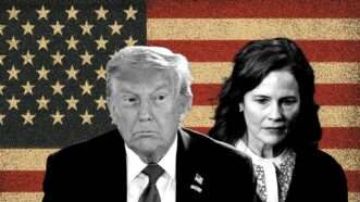 Black and white images of Trump and Amy Coney Barrett against an American flag background | Illustration: Eddie Marshall | Kyodo | Newscom | Tom Williams | CQ Roll Call | Newscom | ChatGPT