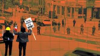 An orange-tinted image of protesters in Los Angeles | Nancy Rommelmann; Illustration: Eddie Marshall | CHATGPT