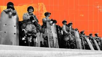 Black and white photo of military holding riot shields against an orange background | Illustration: Eddie Marshall | Caylo Seals | Sipa USA | Midjourney