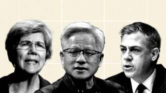 Elizabeth Warren (left), Jensen Huang (middle), Jim Banks (right) | Eddie Marshall | MAXPPP | Graeme Sloan | Sipa USA | Mehmet Eser | ZUMAPRESS | Newscom