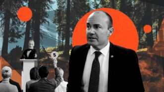 Illustration of Sen. Mike Lee (R–Utah) standing in front of an auction of land | Illustration: Eddie Marshall | Lightfieldstudiosprod | Dreamstime.com | Bill Clark | CQ Roll Call | Newscom | Midjourney