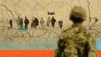 A soldier and a map of Iran pictured with refugees | Illustration: Eddie Marshall | Midjourney