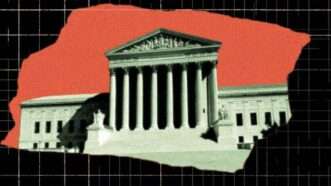 U.S. Supreme Court building, with orange background | Illustration: Eddie Marshall | Midjourney